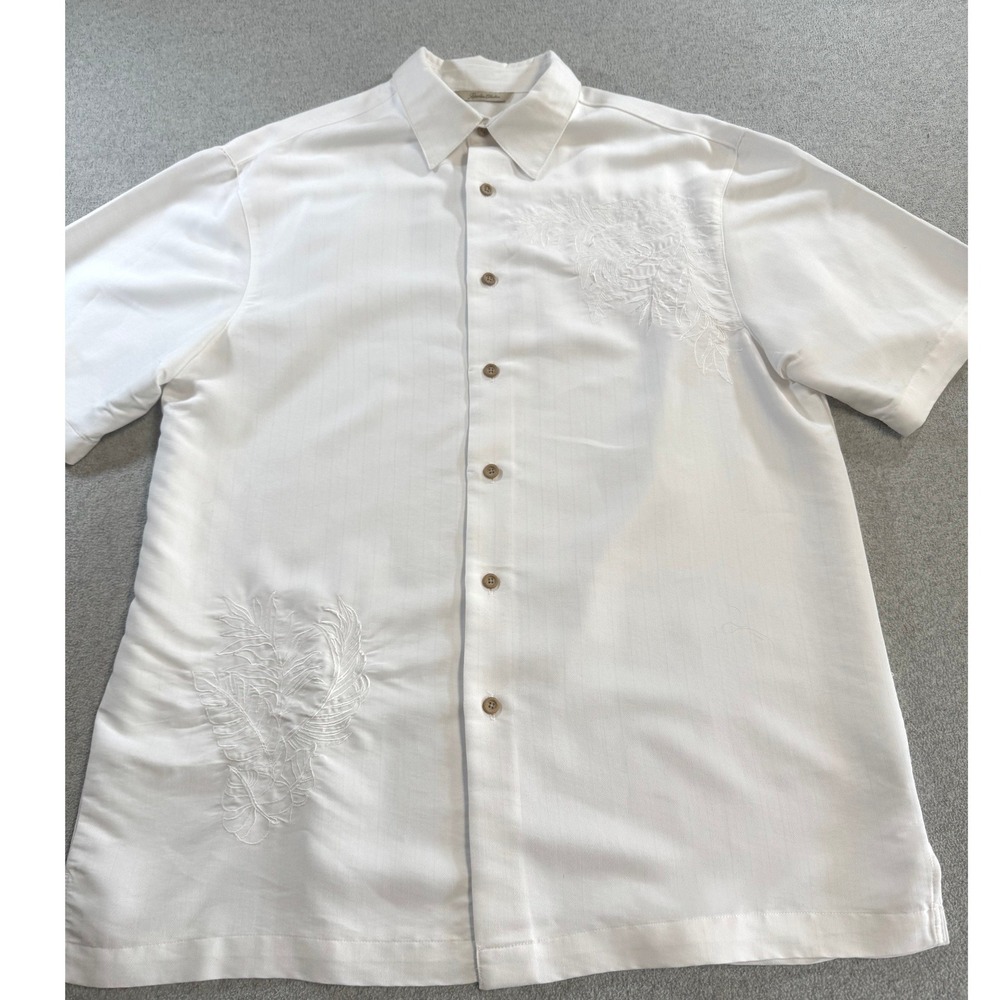 Paradise Collection Embroidered Button‎ Down Men XL White Tropical Silk Blend
